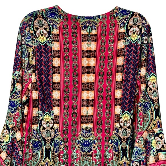 Nicole Miller Colorful Boho Paisley Print V-Neck 3/4 Length Bell Sleeve Dress - Picture 5 of 9